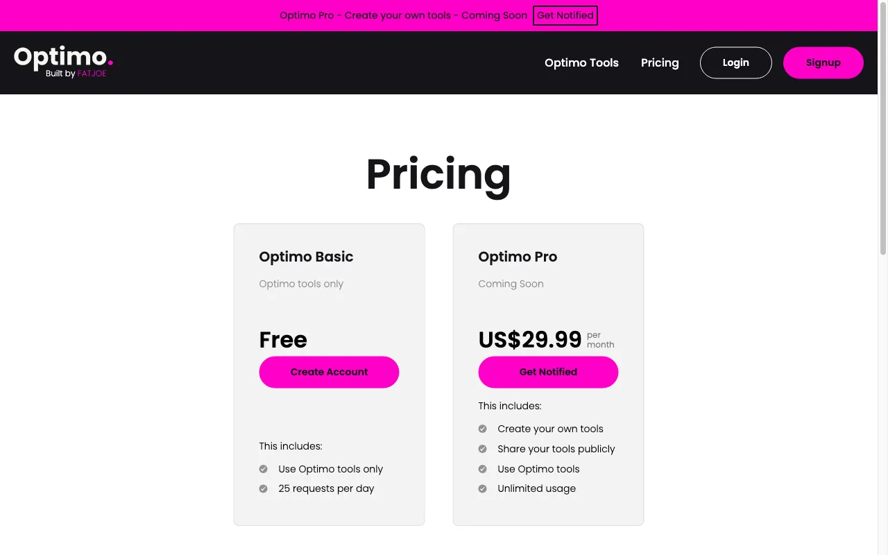 Optimo — pricing page