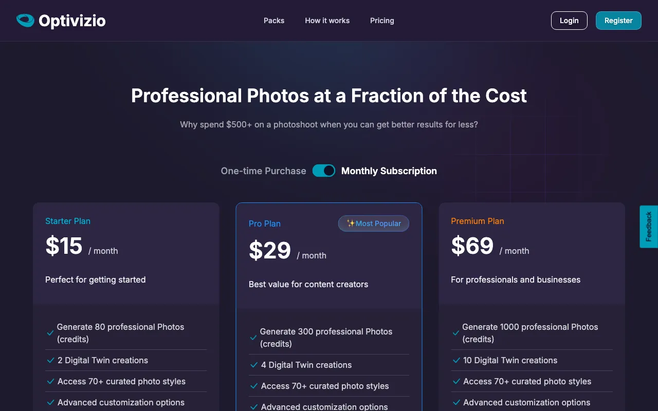 Optivizio — pricing page