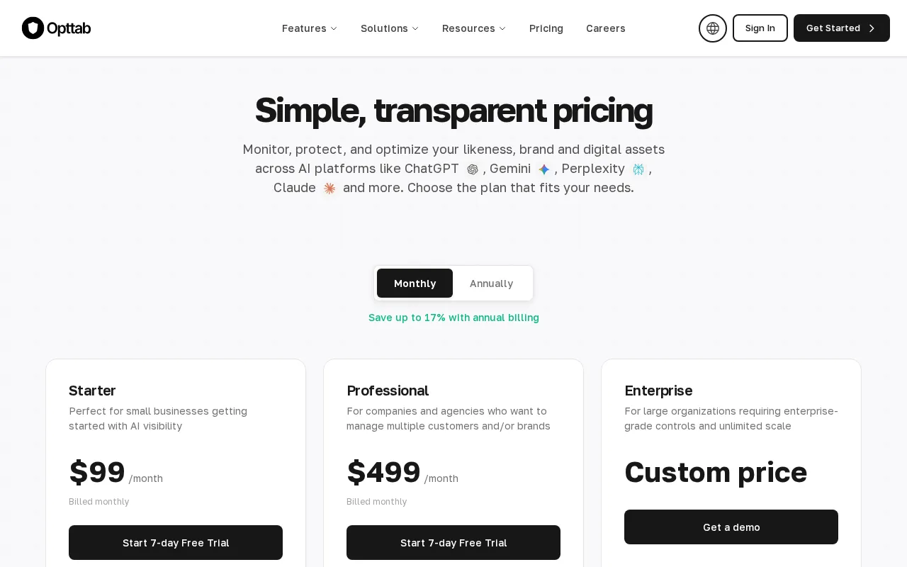 Opttab — pricing page