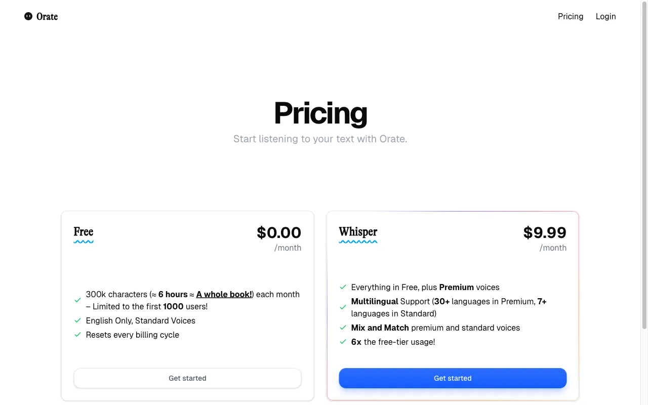 Orate — pricing page