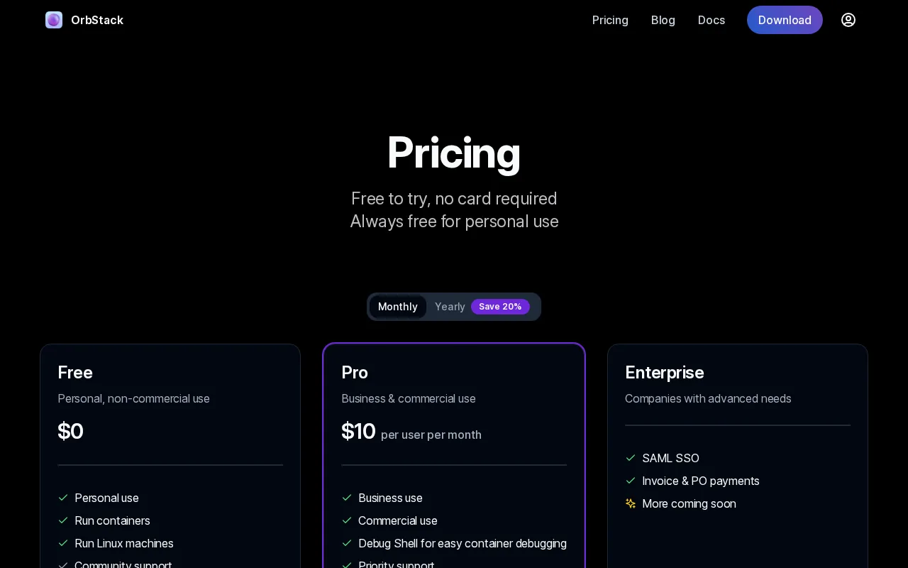 OrbStack — pricing page
