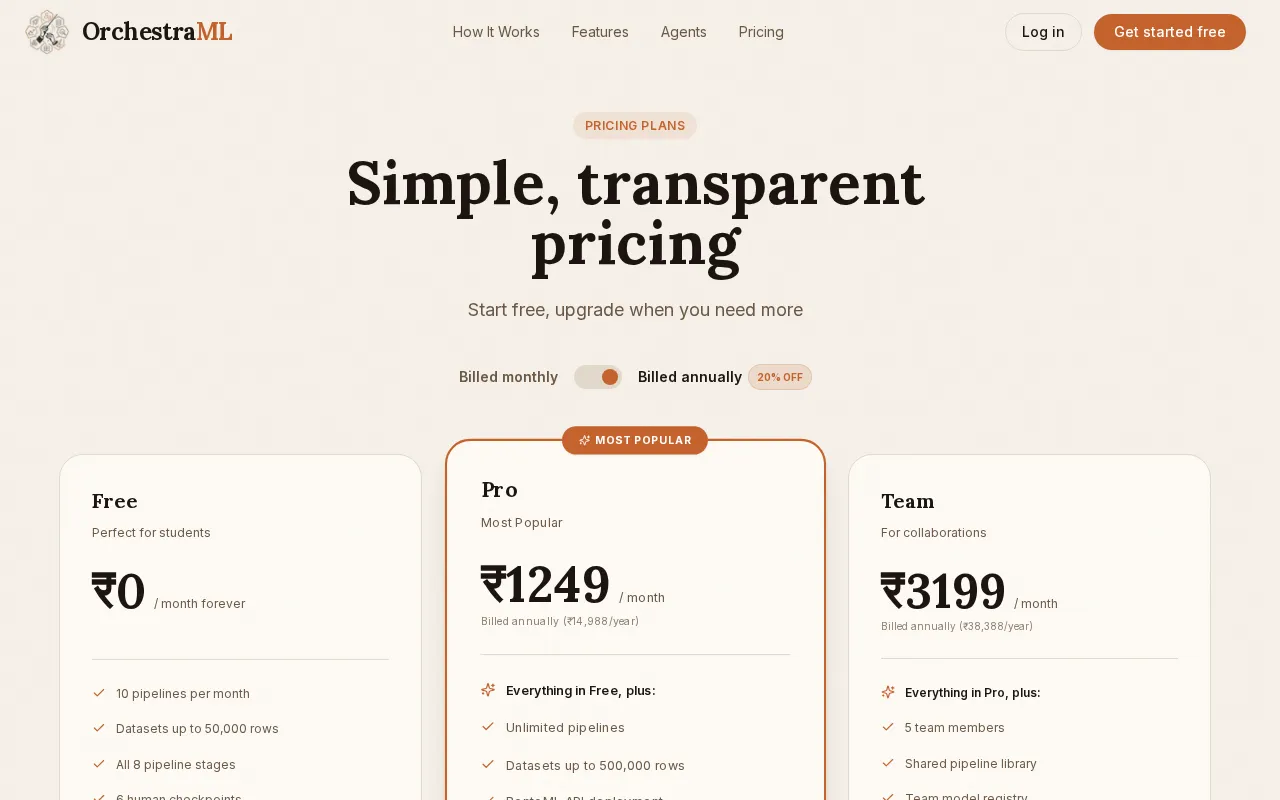 OrchestraML — pricing page