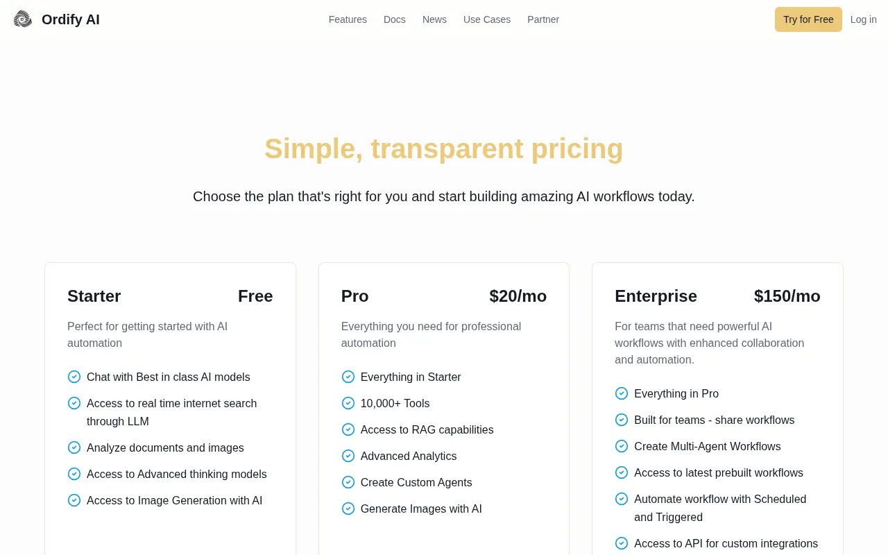Ordify — pricing page