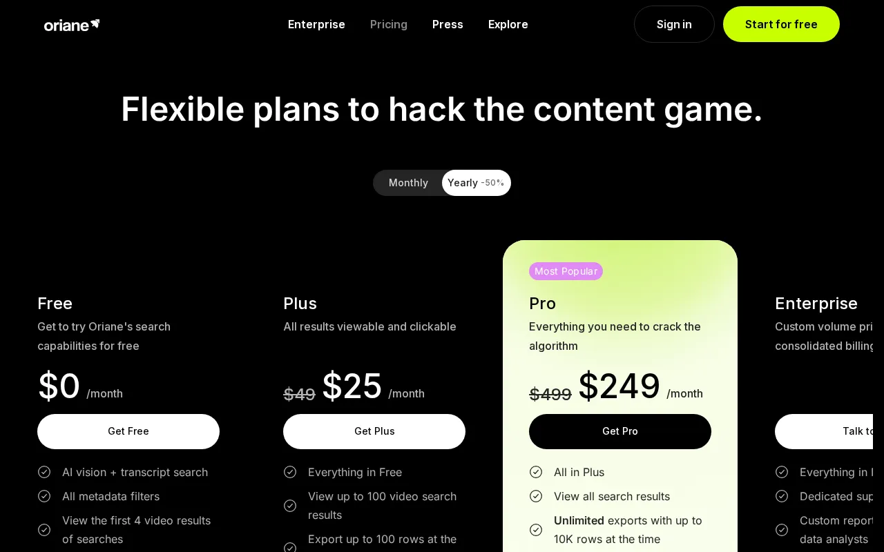 Oriane — pricing page