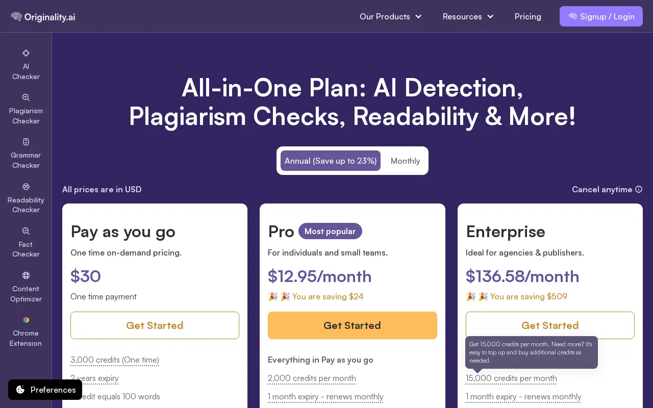 Originality.AI — pricing page