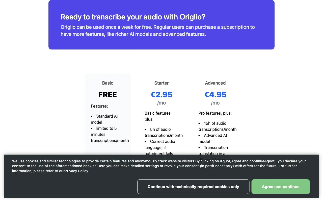Origlio — pricing page