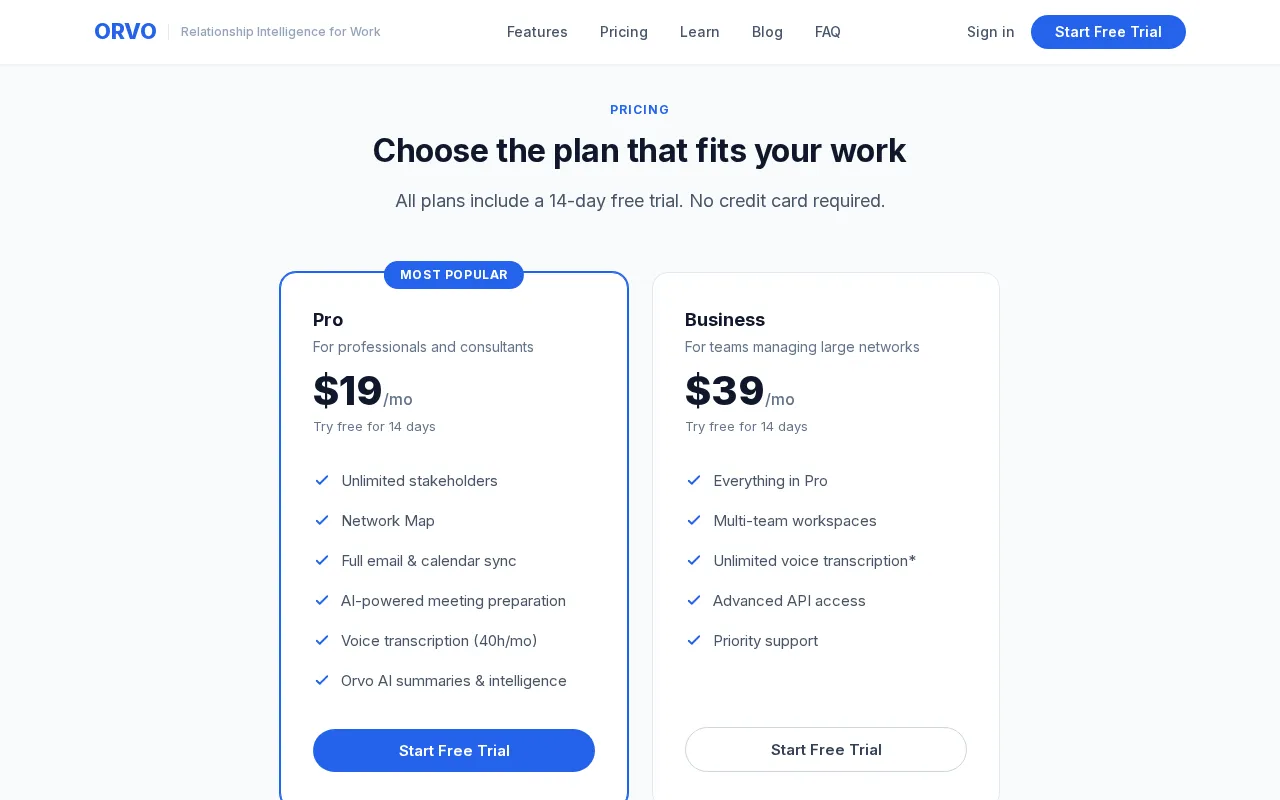 Orvo — pricing page