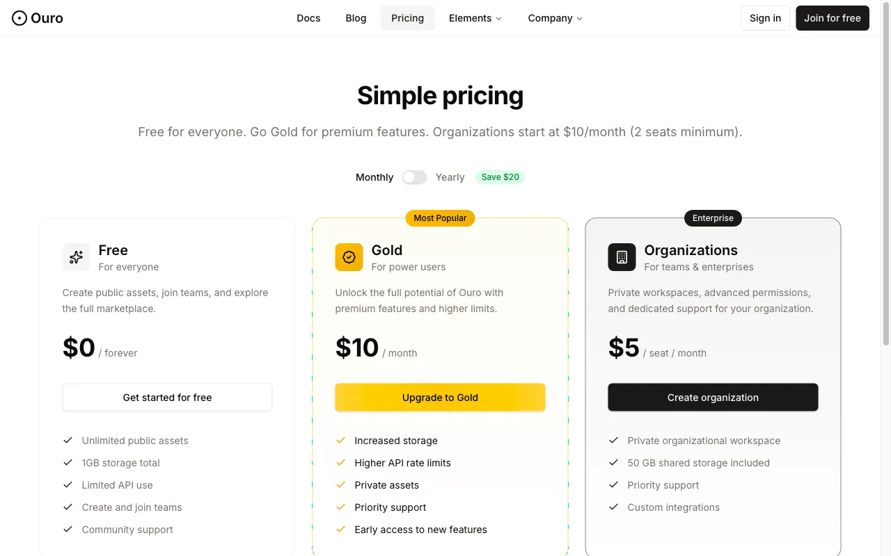 Ouro — pricing page