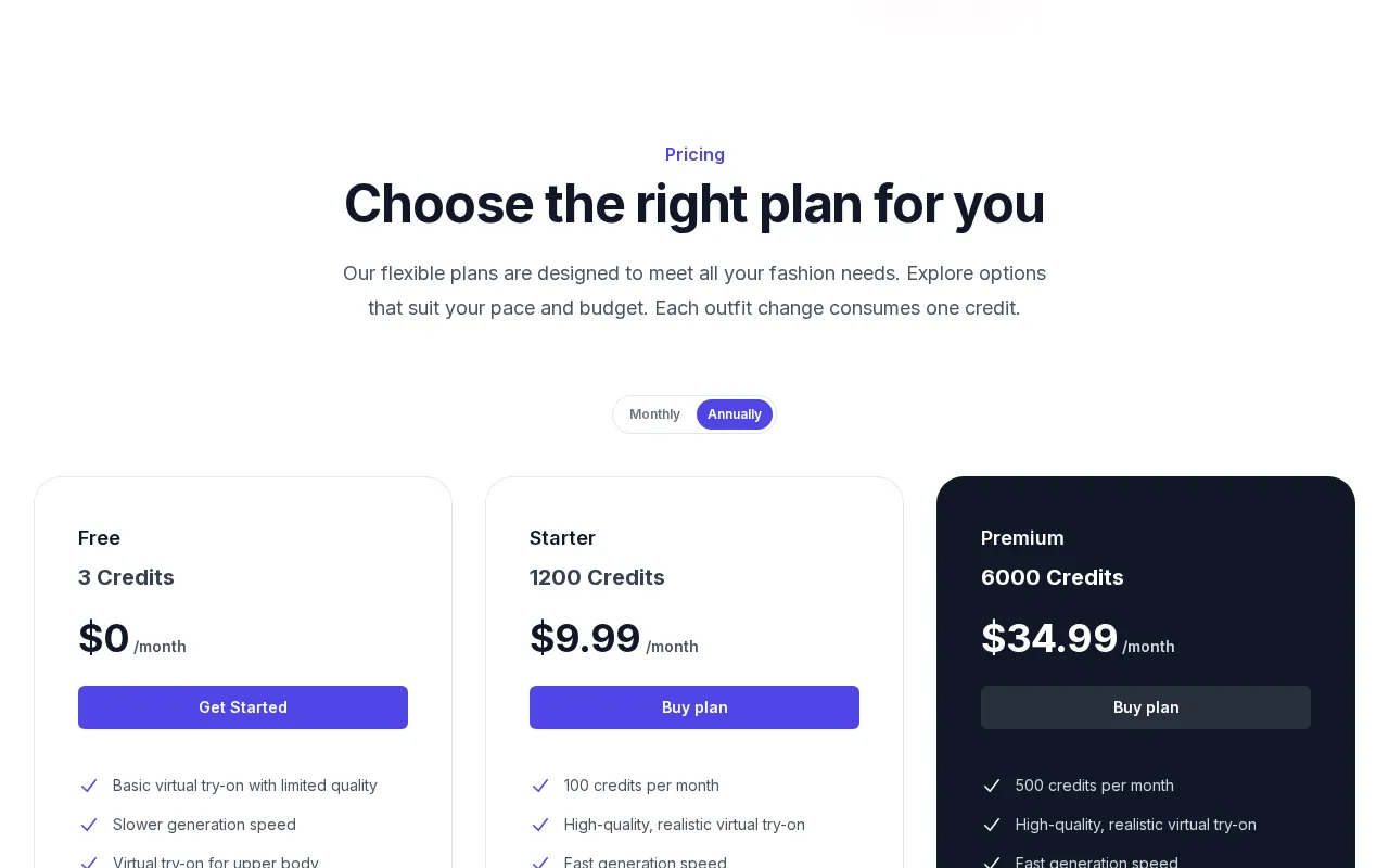Outfit Anyone AI — pricing page