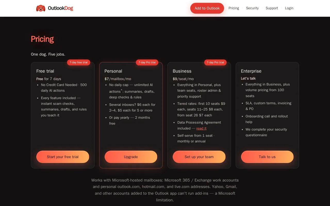 OutlookDog — pricing page