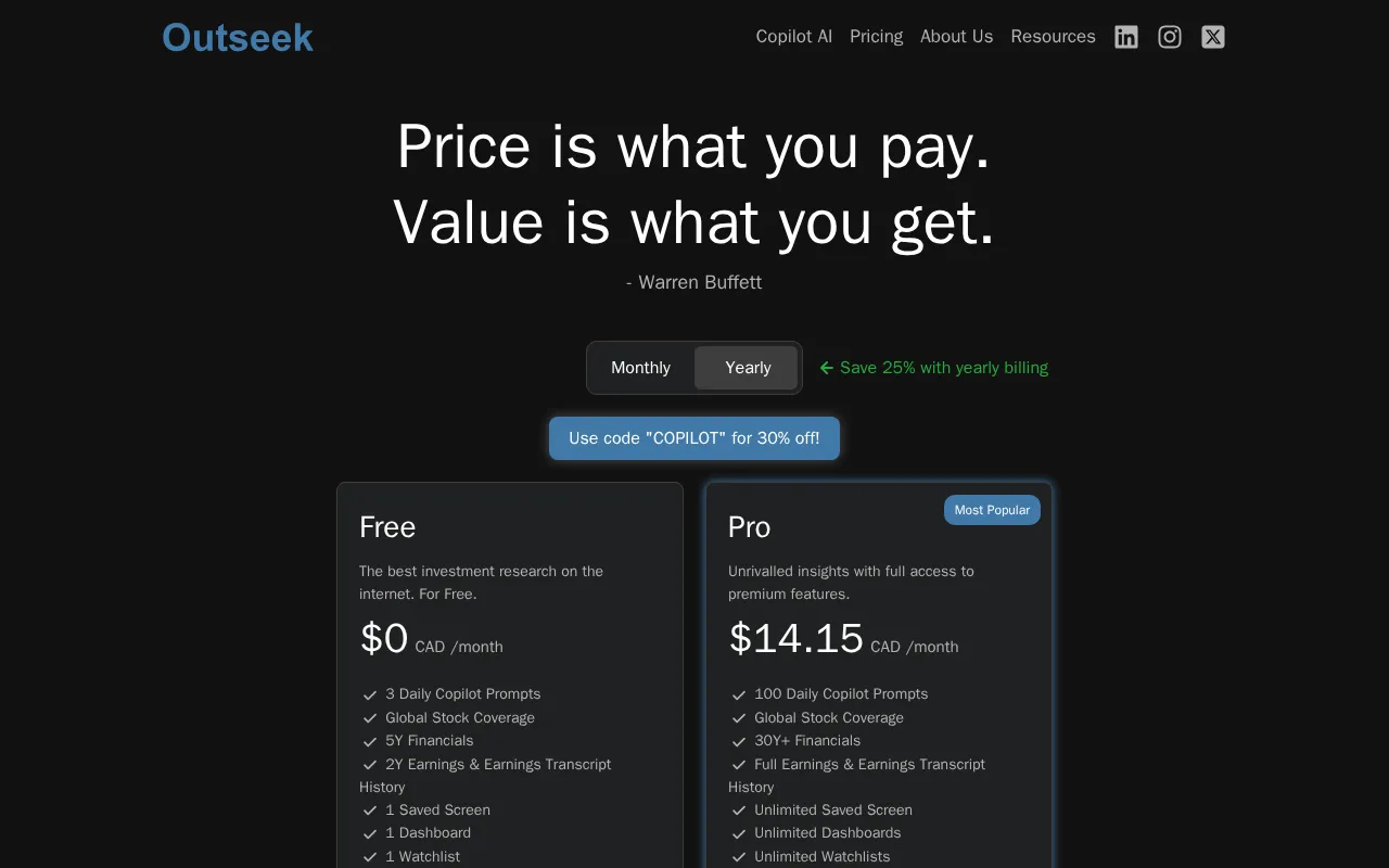 Outseek Financial Terminal — pricing page