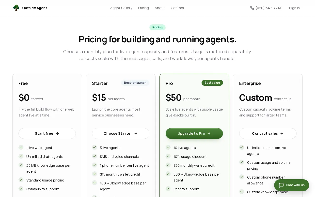 Outside Agent — pricing page