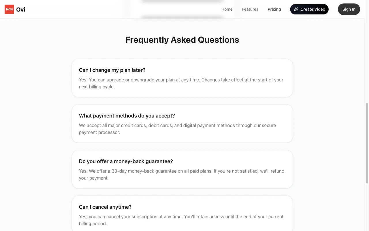 Ovi AI — pricing page