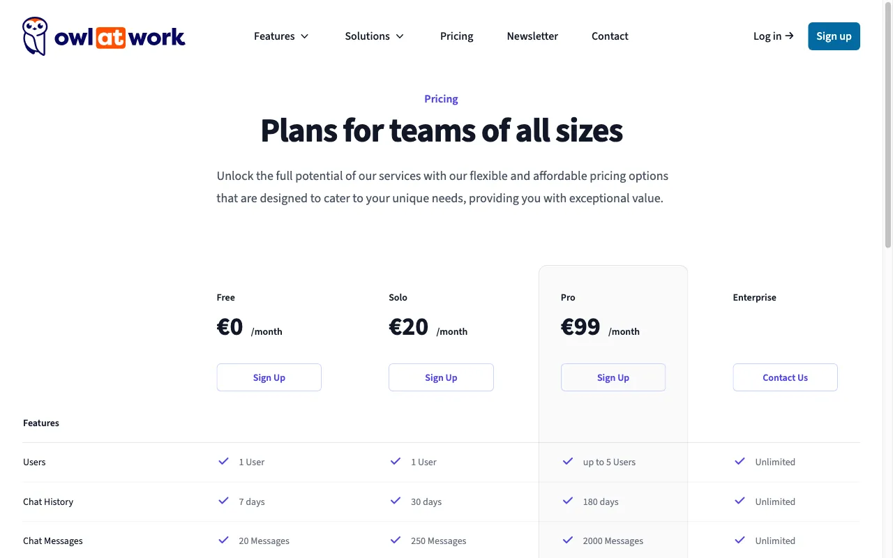 Owl at Work — pricing page