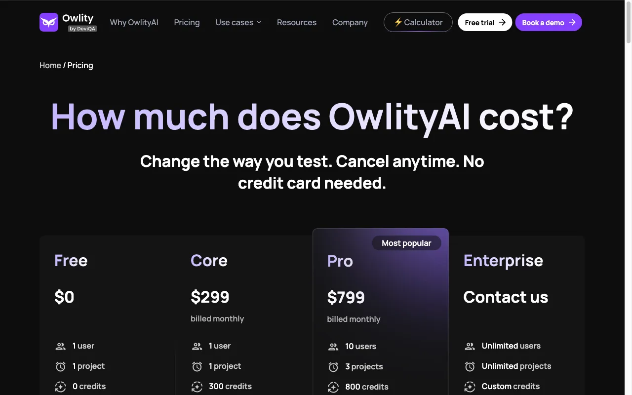 Owlity — pricing page