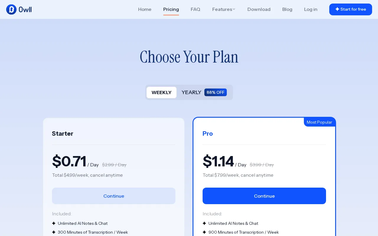 Owll — pricing page