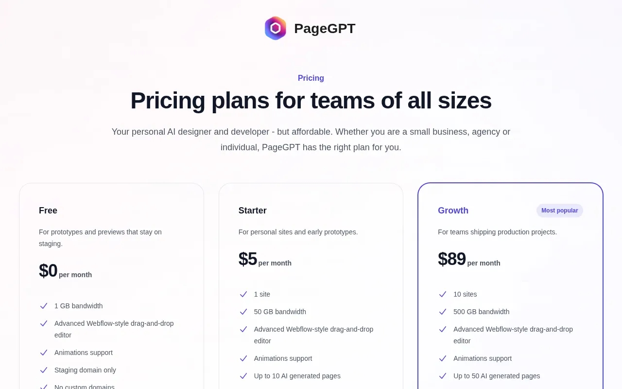 PageGPT — pricing page