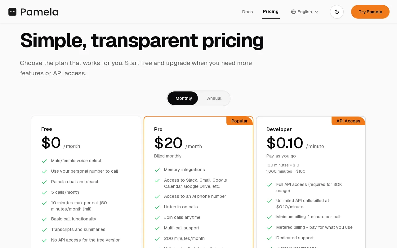 Pamela — pricing page