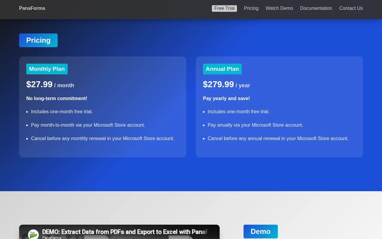 PanaForma — pricing page