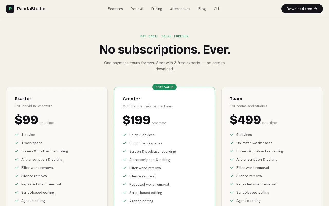 PandaStudio — pricing page