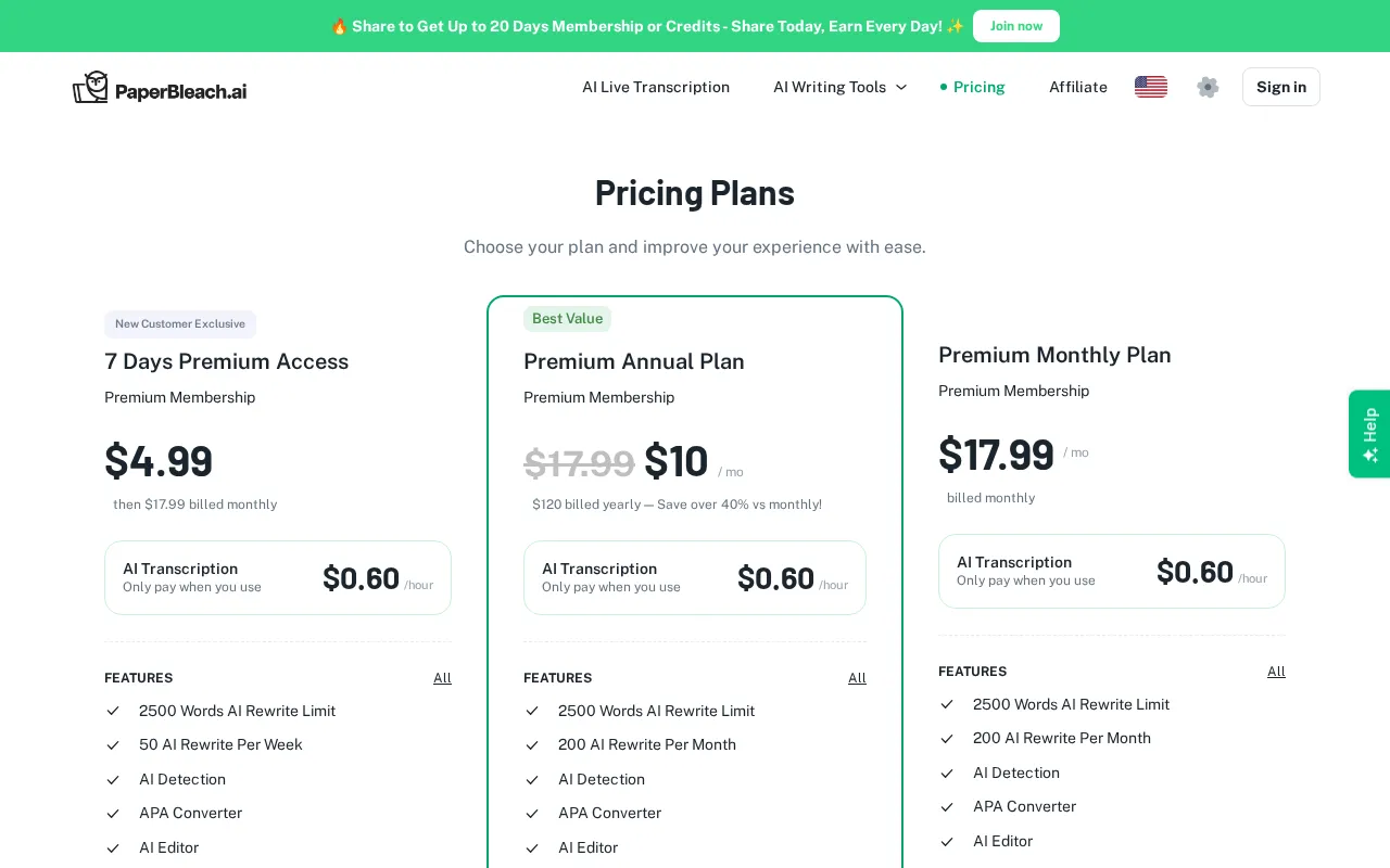 PaperBleach — pricing page