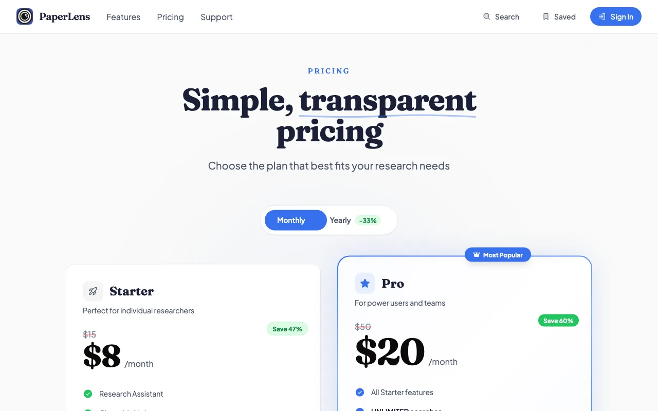 PaperLens — pricing page