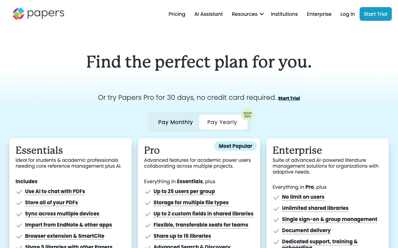 Papers — pricing page