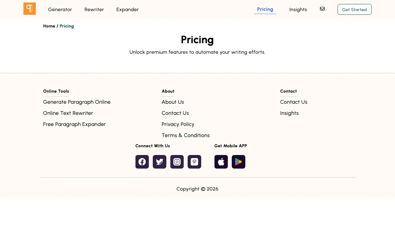 paragraphgenerator.org — pricing page
