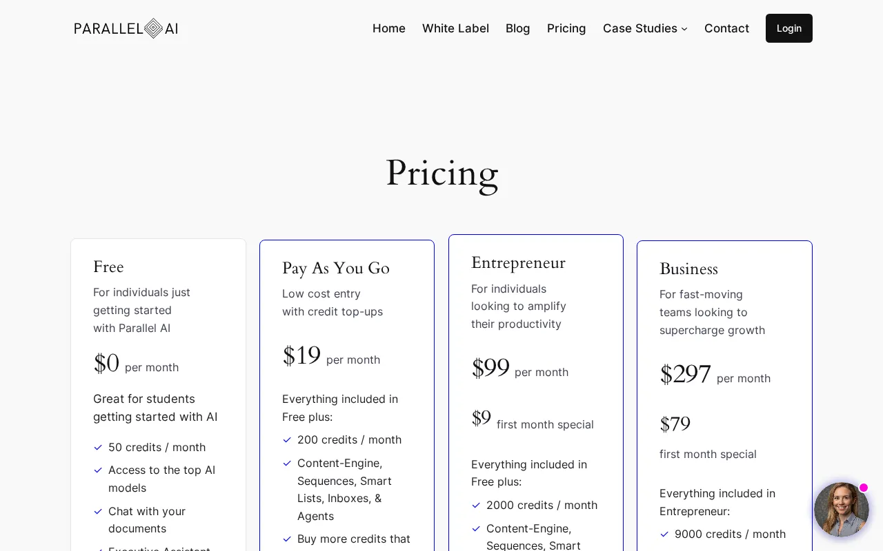Parallel AI Executive Assistant — pricing page