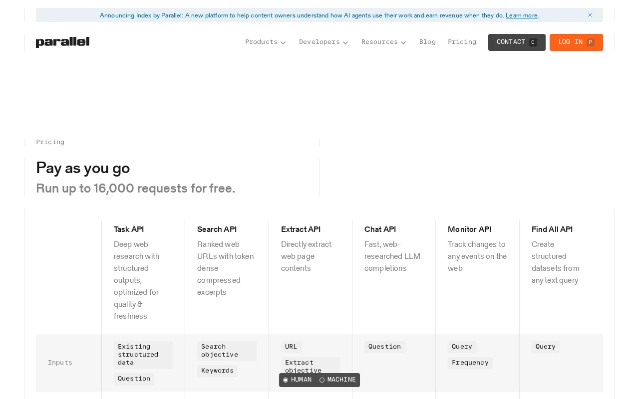Parallel Web Systems | Infrastructure for intelligence on the web — pricing page