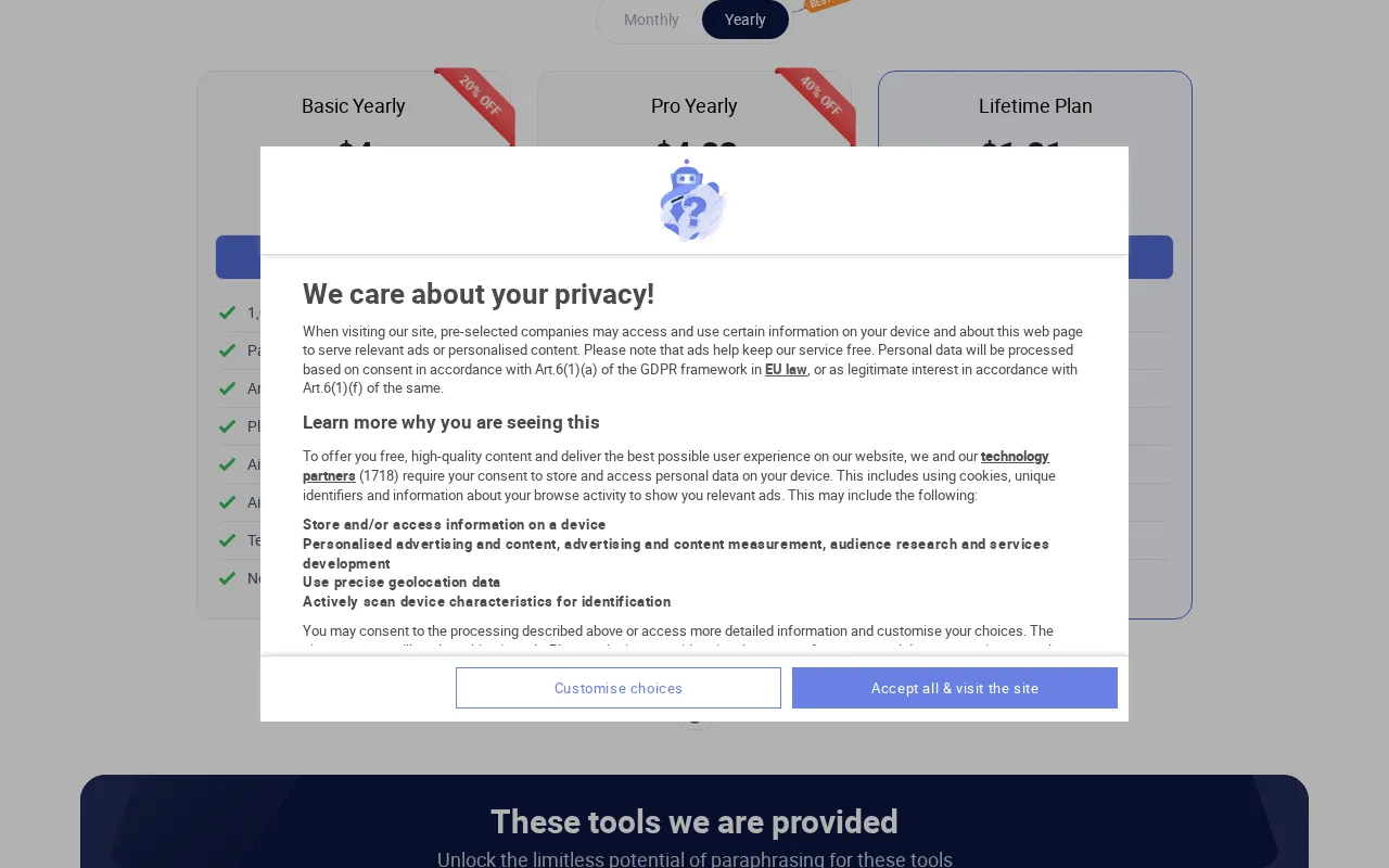 paraphrasing.io — pricing page