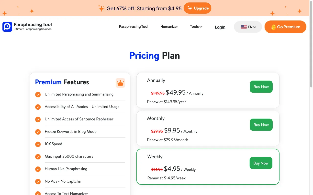 paraphrasing-tool.ai — pricing page