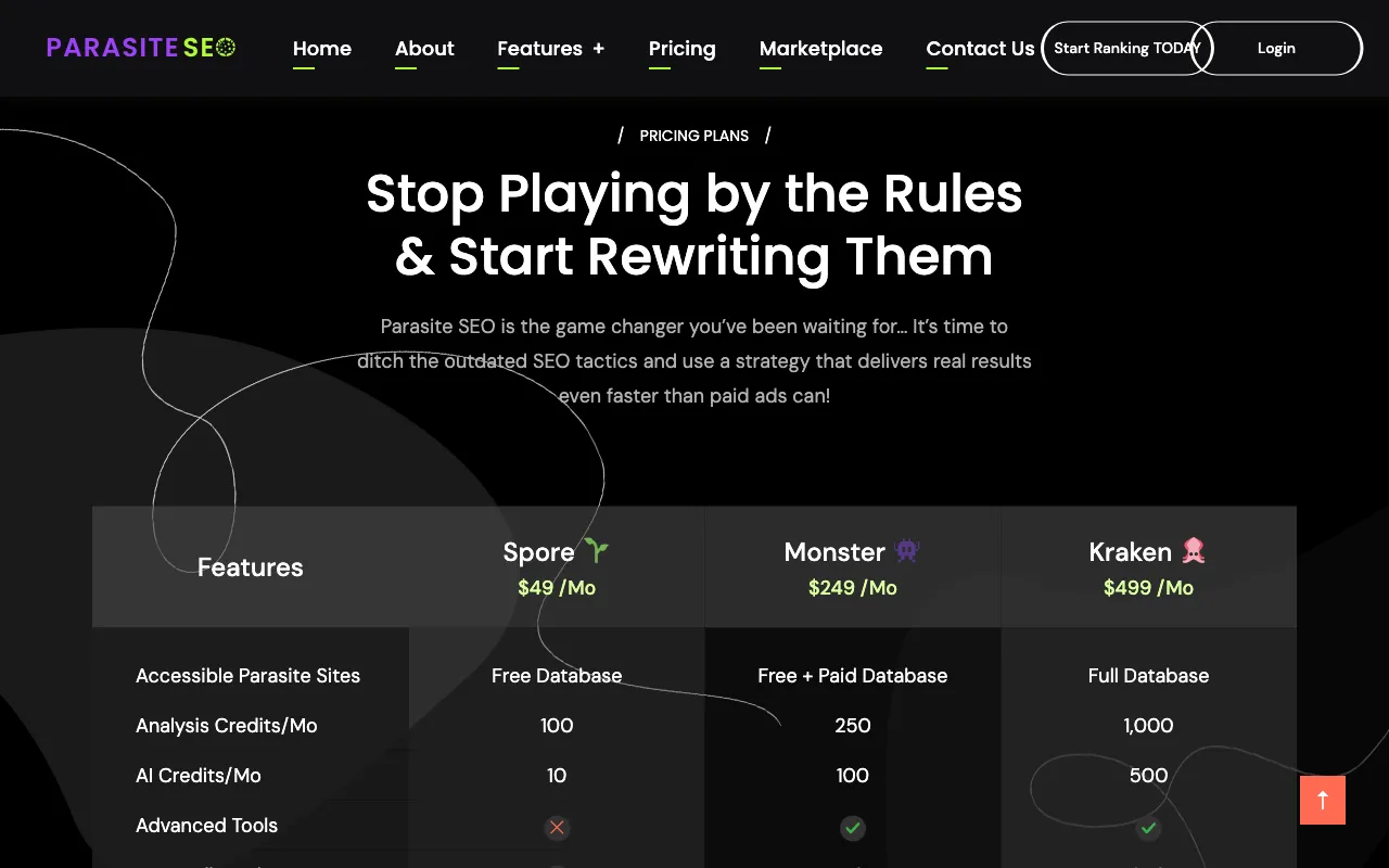 Parasite SEO — pricing page