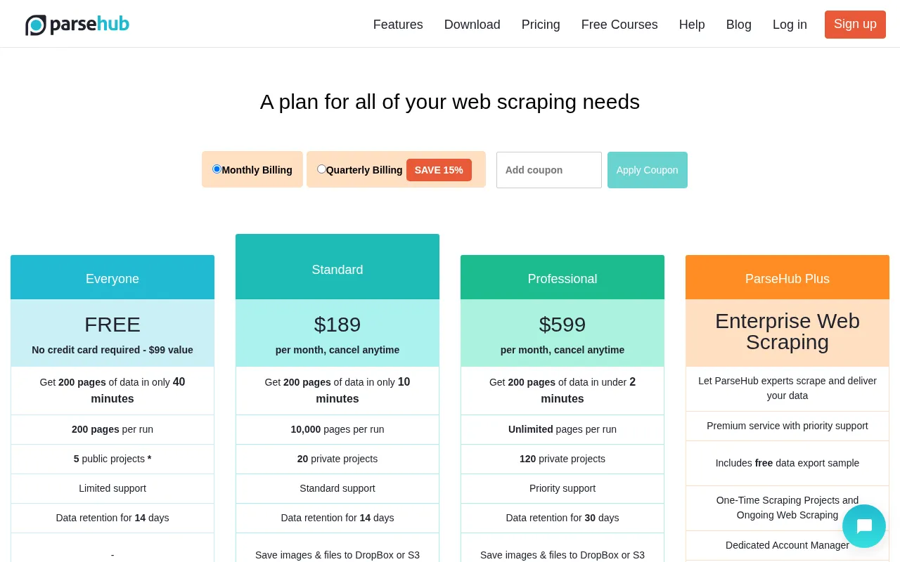 Parsehub — pricing page