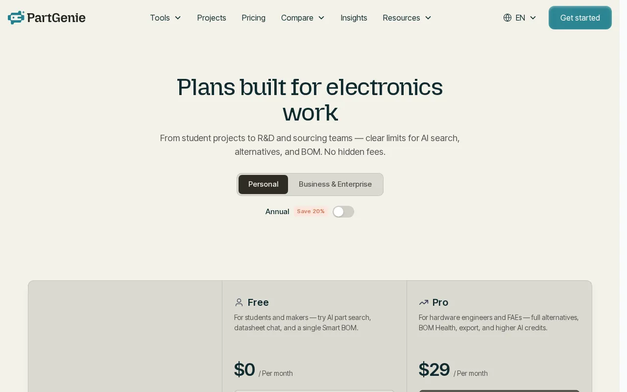 PartGenie — pricing page
