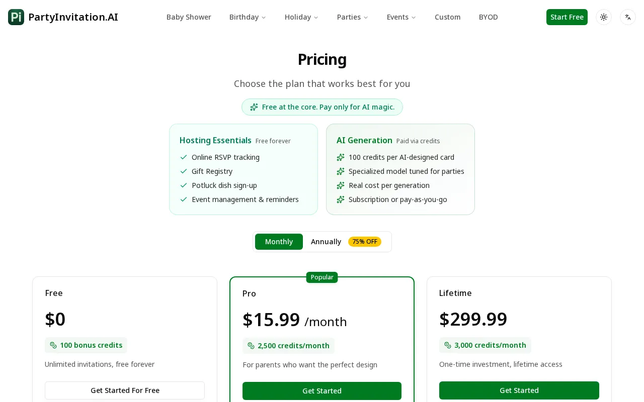 PartyInvitation.AI — pricing page