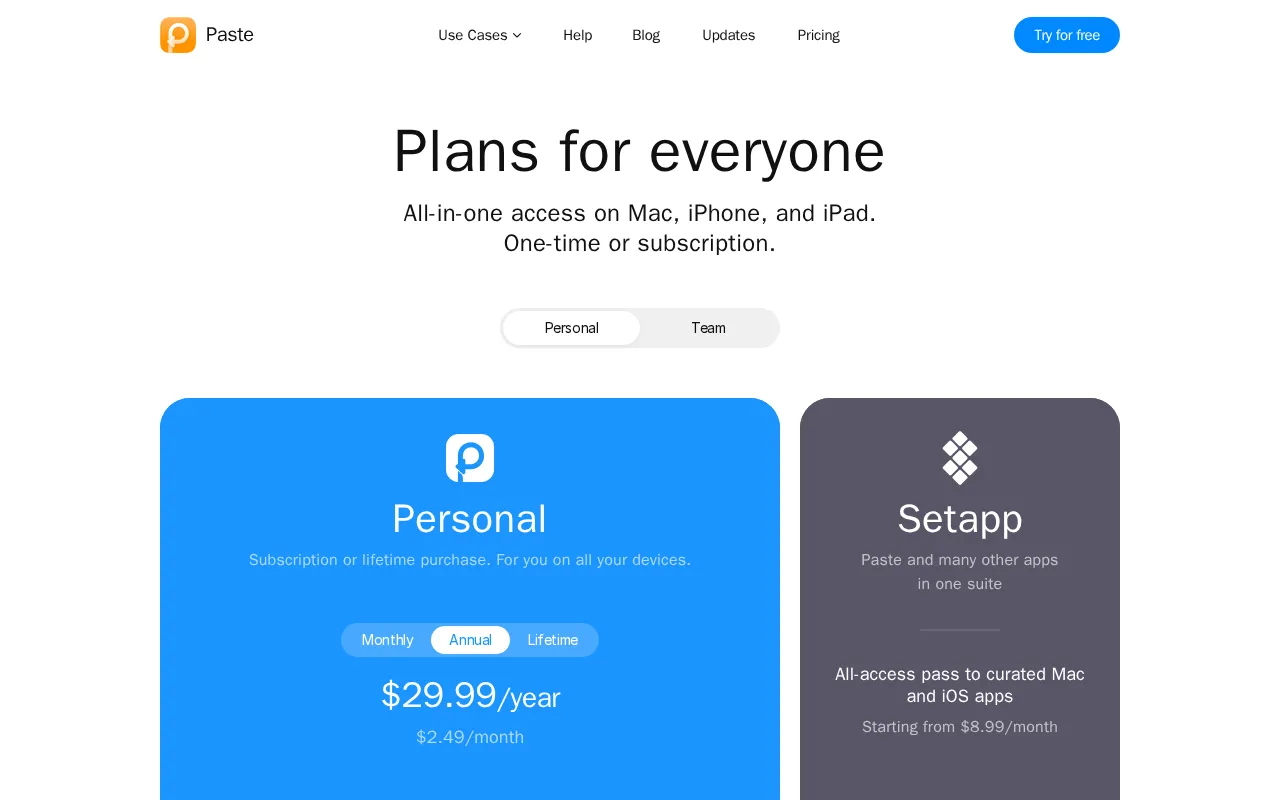 Paste — pricing page