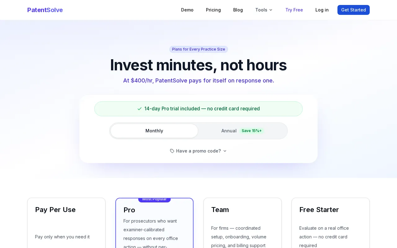 PatentSolve — pricing page