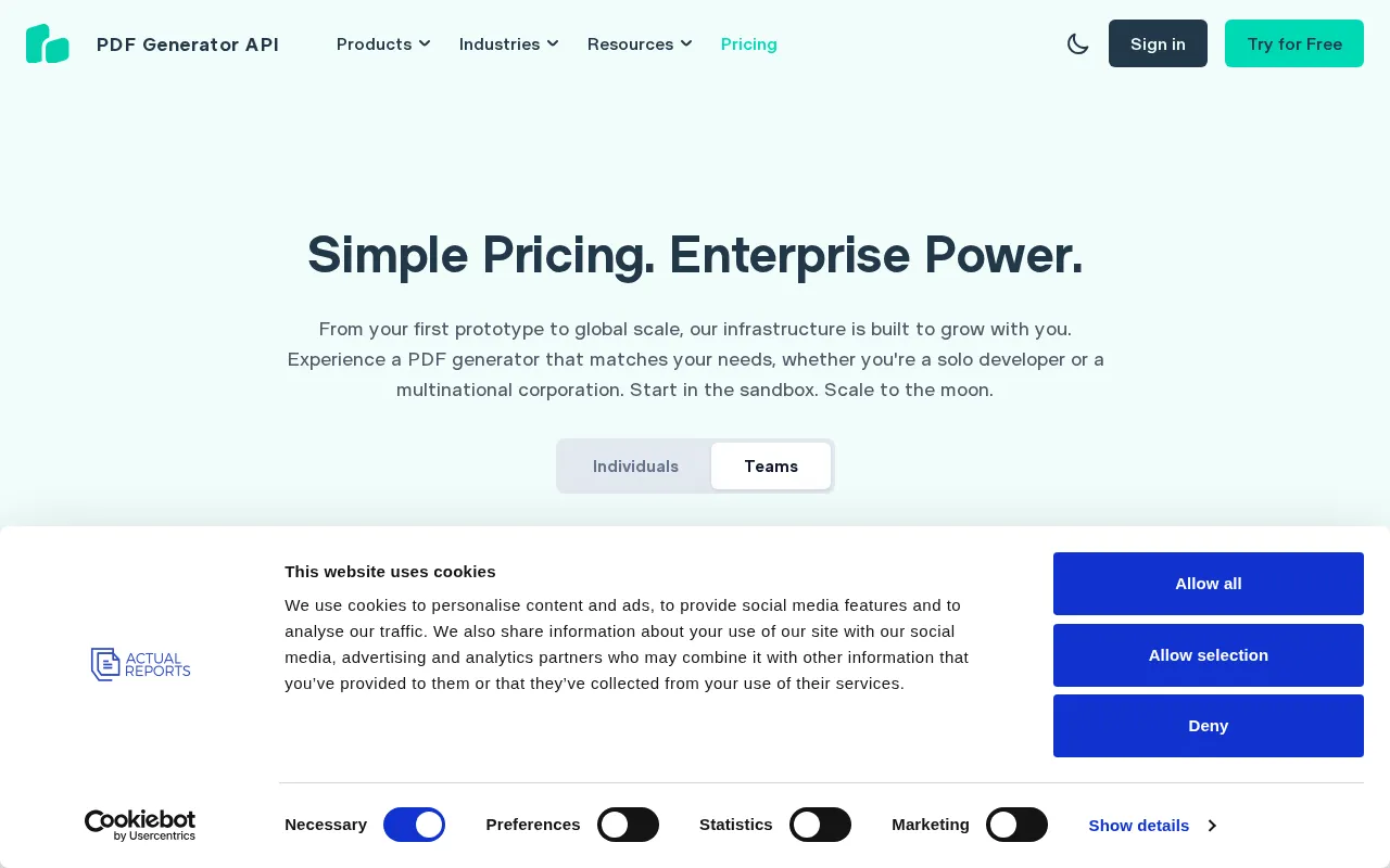PDF Generation API — pricing page