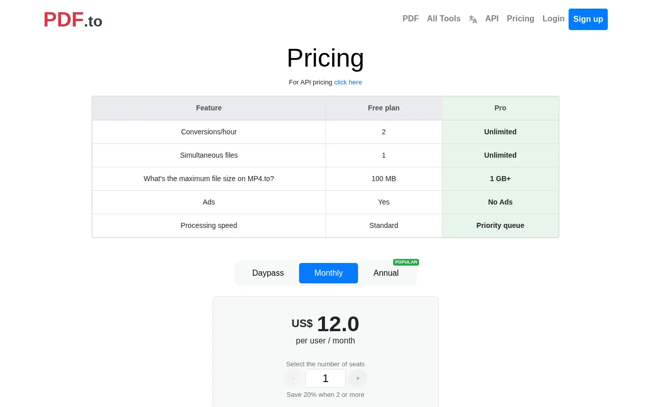 PDF.to — pricing page