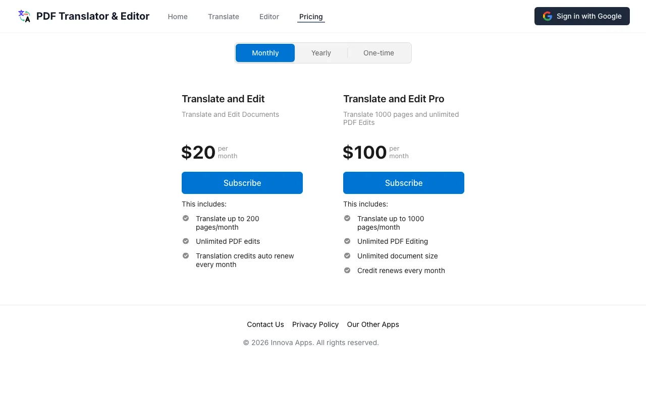 PDF Translator & Editor — pricing page