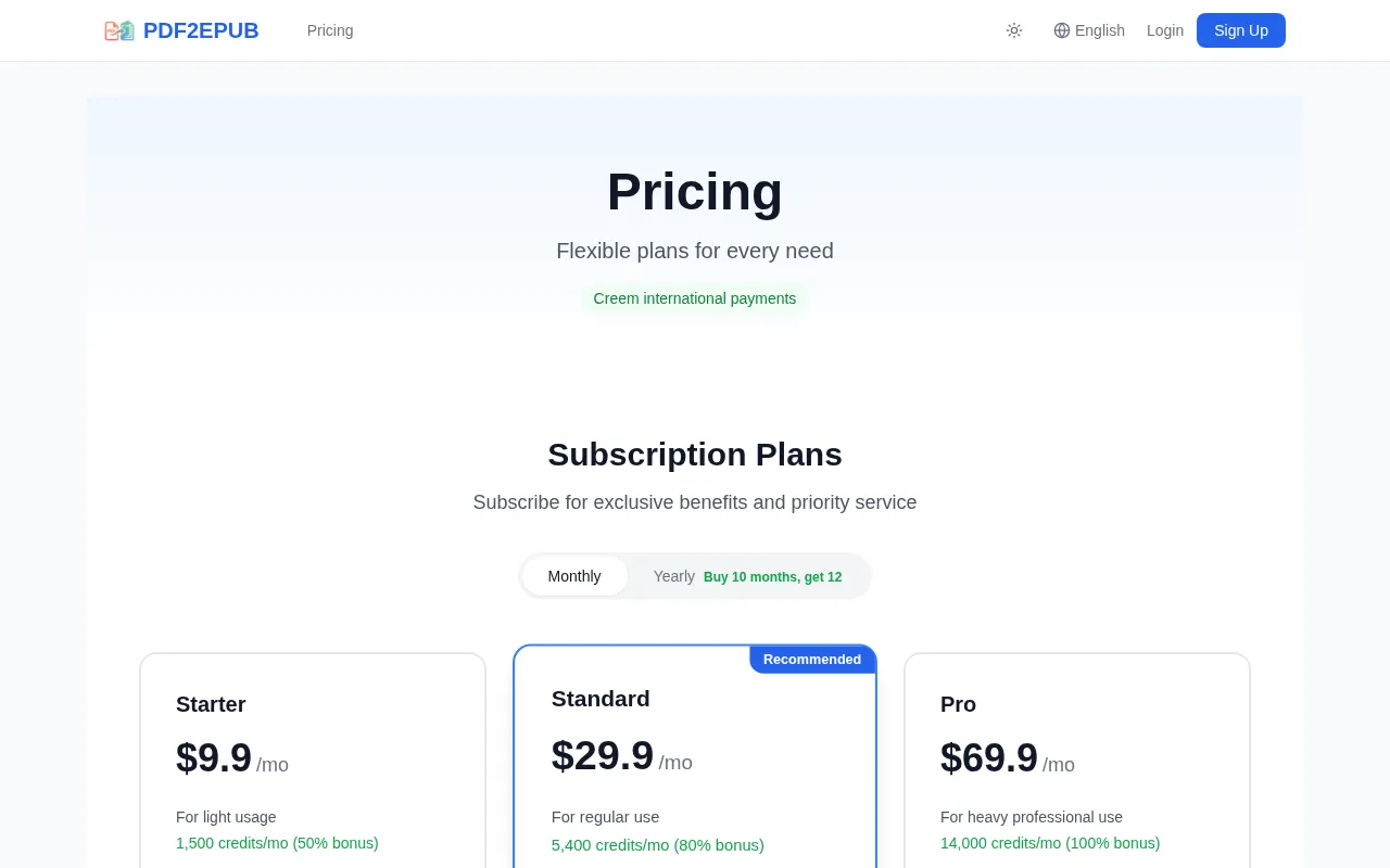 PDF2EPUB.ai — pricing page