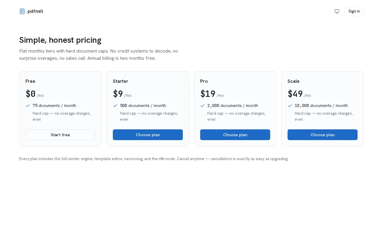 Pdfmill — pricing page