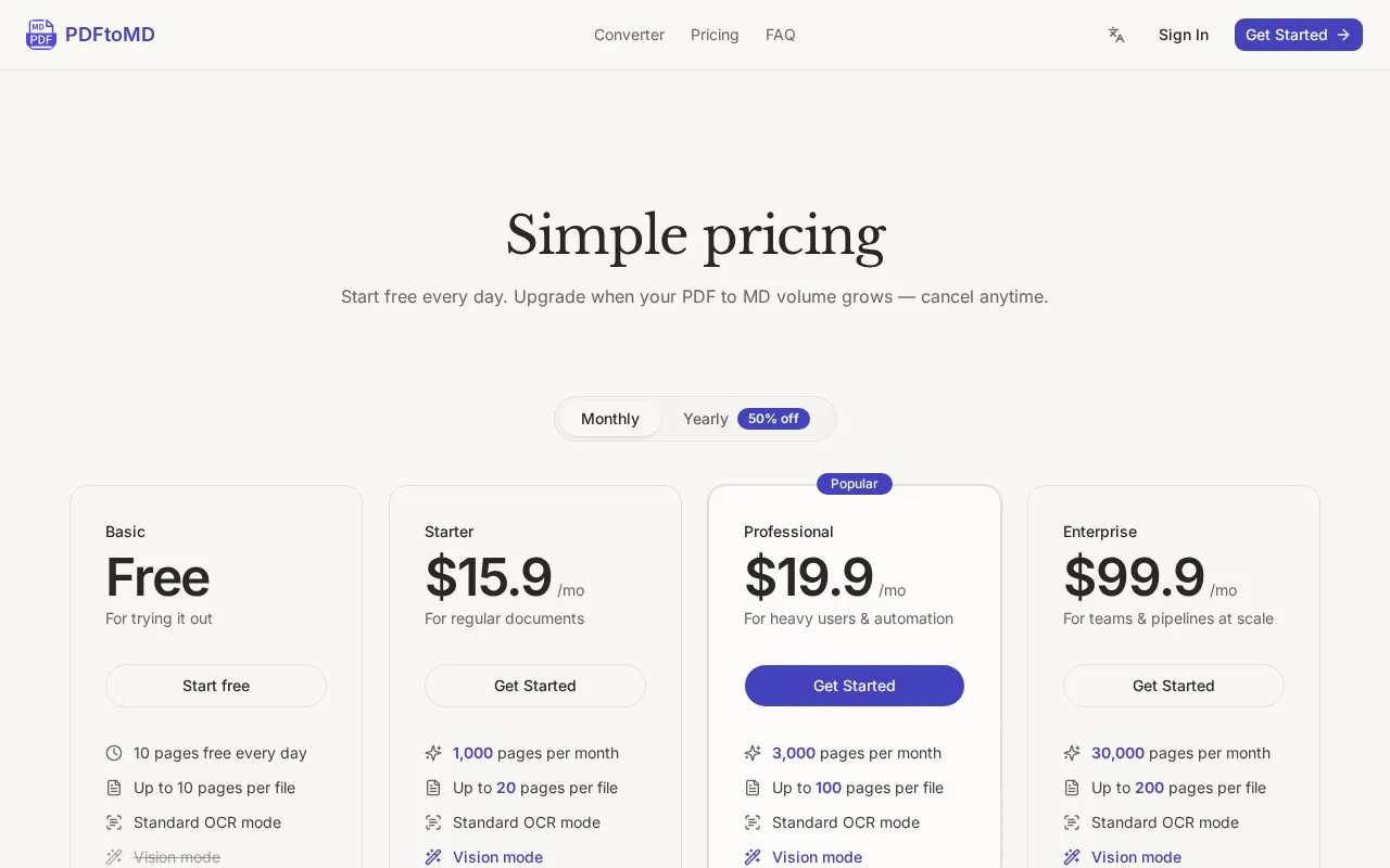 PDFtoMD — pricing page