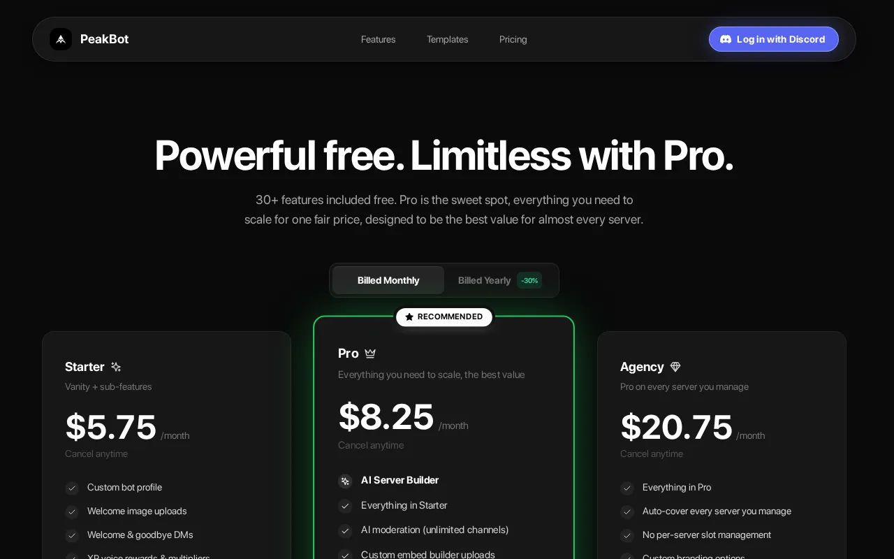 PeakBot — pricing page