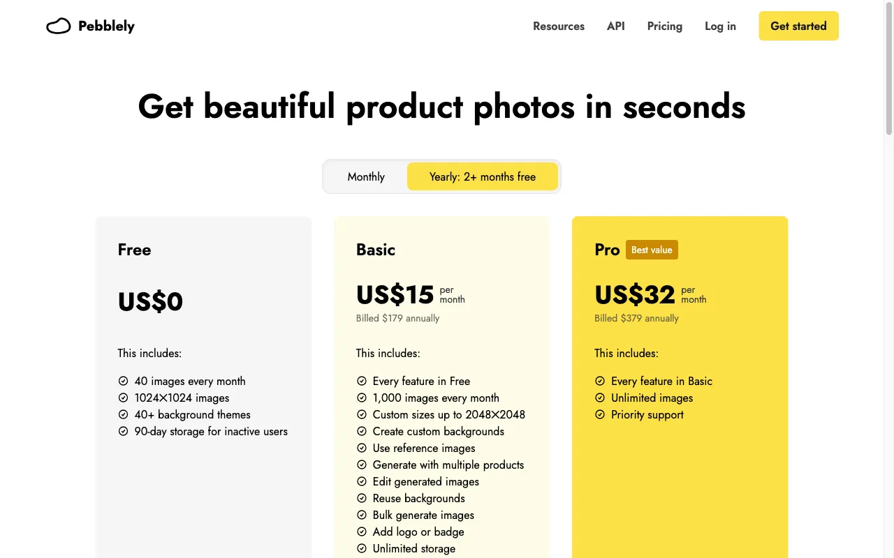 Pebblely Fashion — pricing page