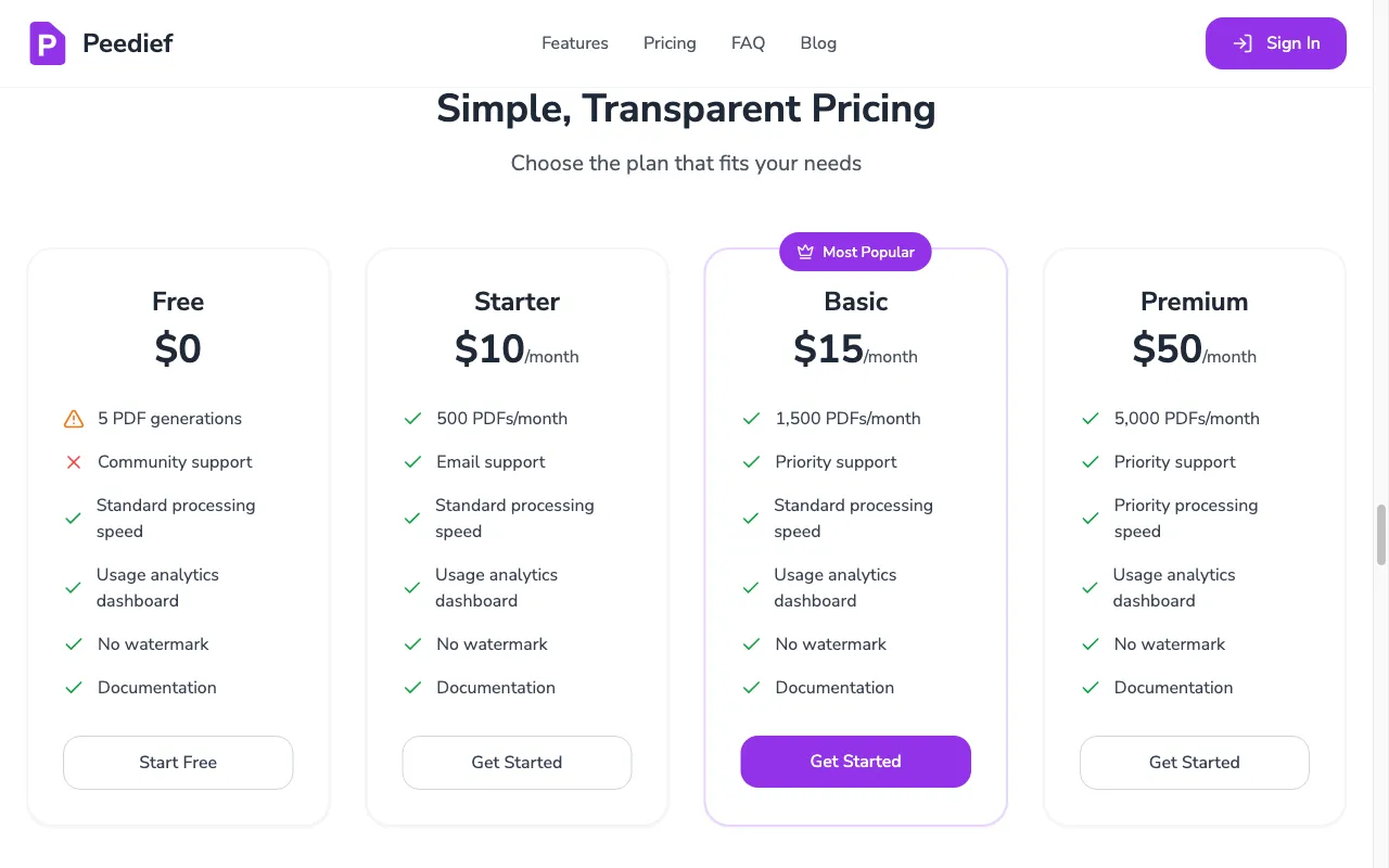 Peedief — pricing page