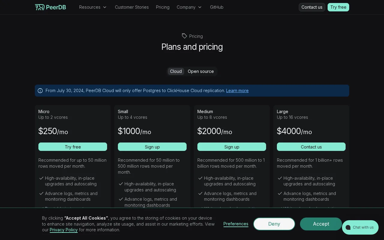 PeerDB — pricing page