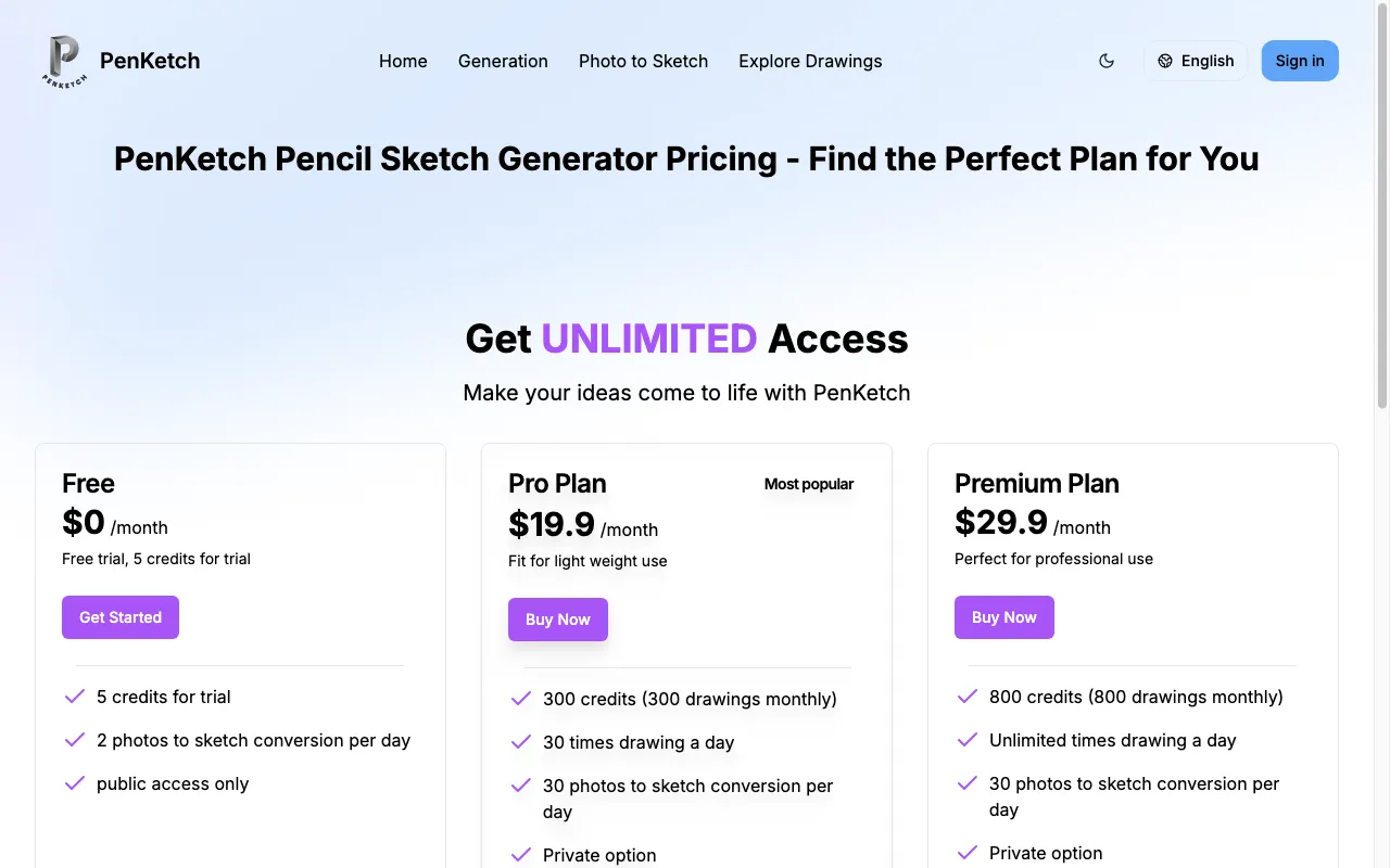PenKetch — pricing page