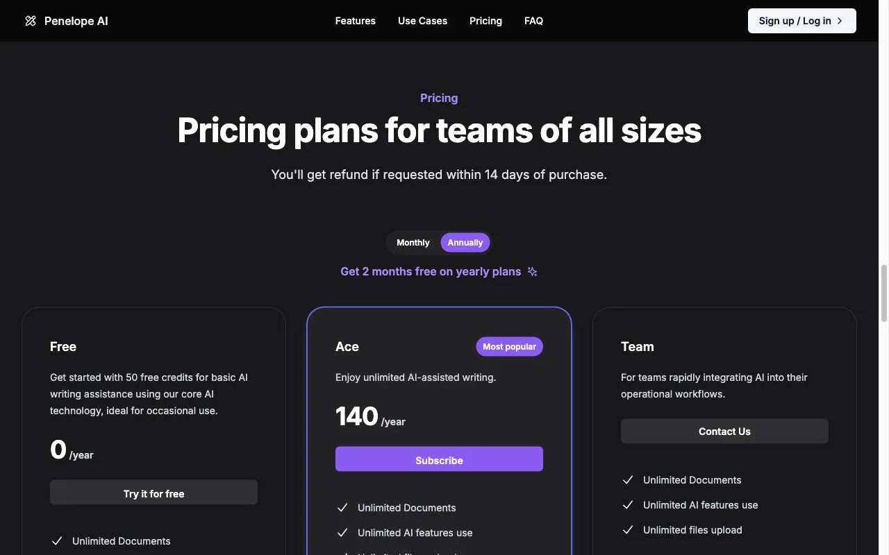 Penelope AI — pricing page